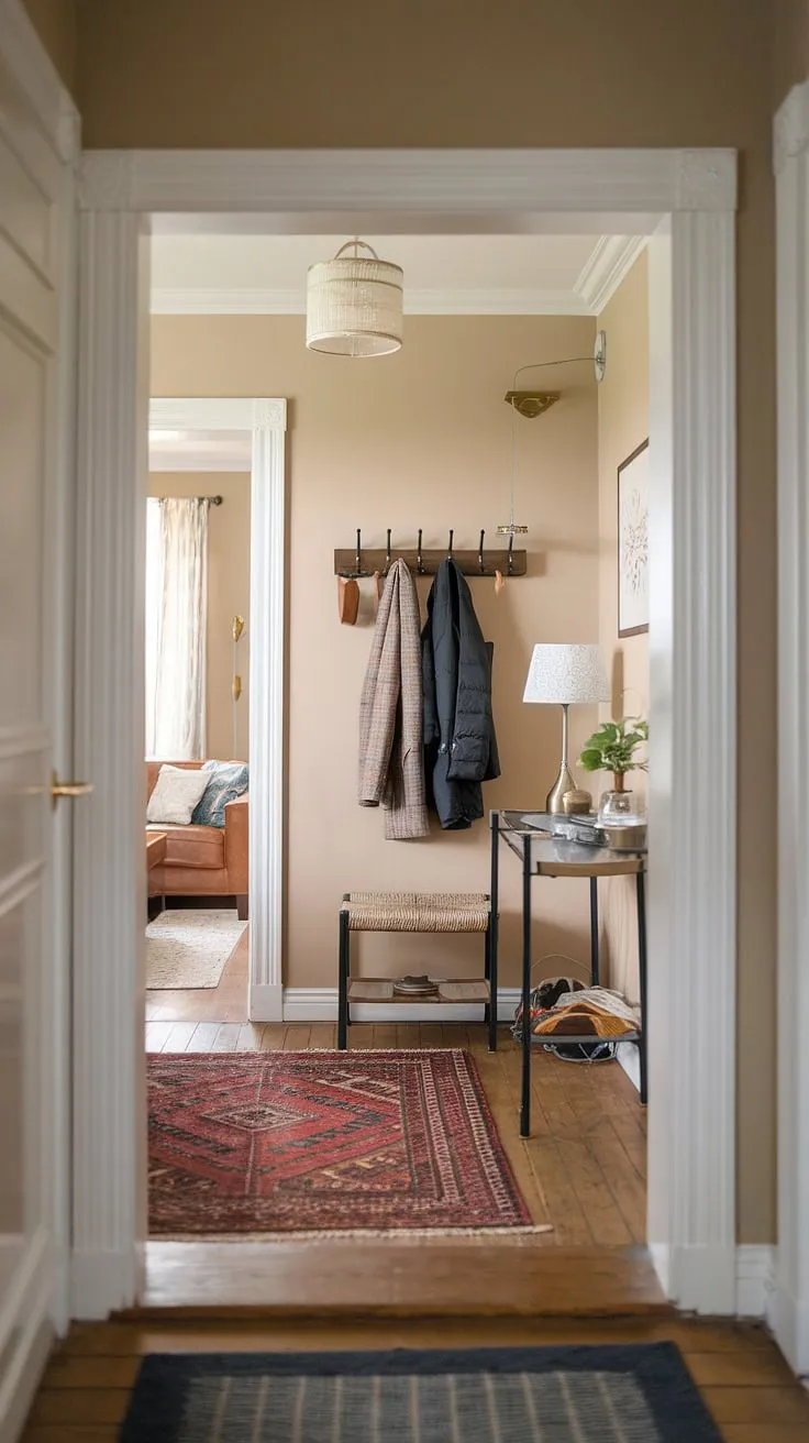 A charming glimpse into a home's heart: this small entryway, with its simple yet elegant home entrance decor, sets the tone for the entire space. The design cleverly uses the limited square footage, making the most of the front entrance and creating a smooth transition to the hall and living room. Explore these entryway ideas for inspiration in your own home.