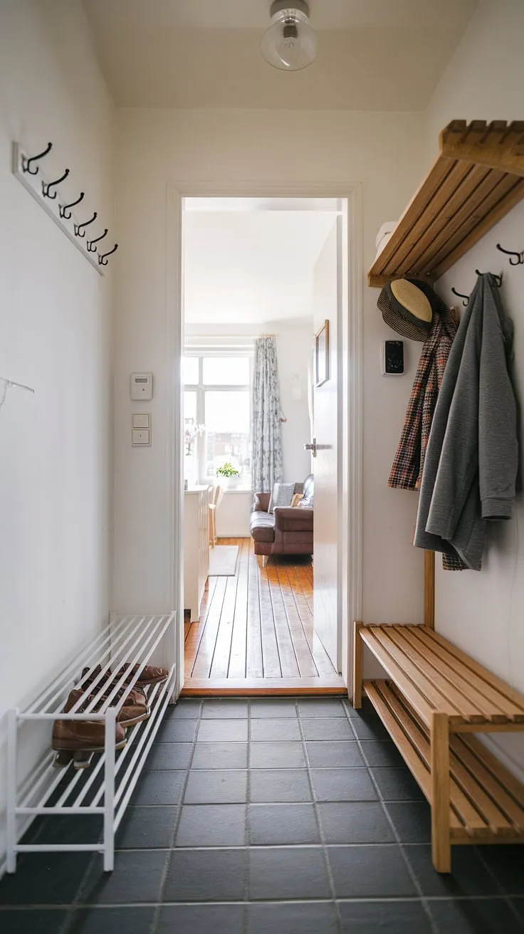 Clever entryway ideas are showcased in this compact space. A white shoe rack and wooden coat rack offer practical storage, while the view into the hall and living room highlights the home's overall aesthetic. This small entryway proves that even a limited front entrance can be both functional and stylish, offering a welcoming home entrance decor.