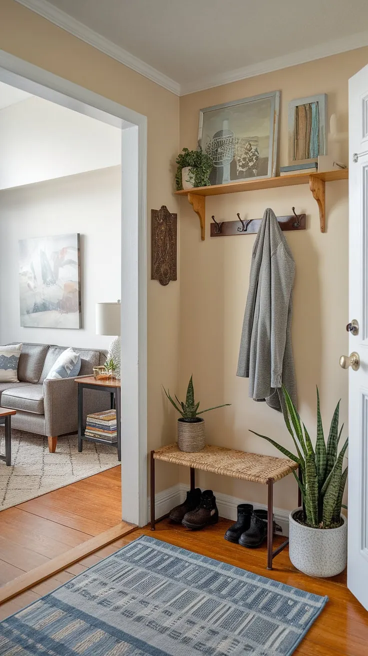 Maximize space and style with these entryway ideas in this small entryway. The home entrance decor is thoughtfully curated, blending the hall and living room effortlessly. A simple coat rack, potted plant, and decorative shelf add personality to the front entrance, while the living room's sofa, coffee table, and painting create a relaxing ambiance.