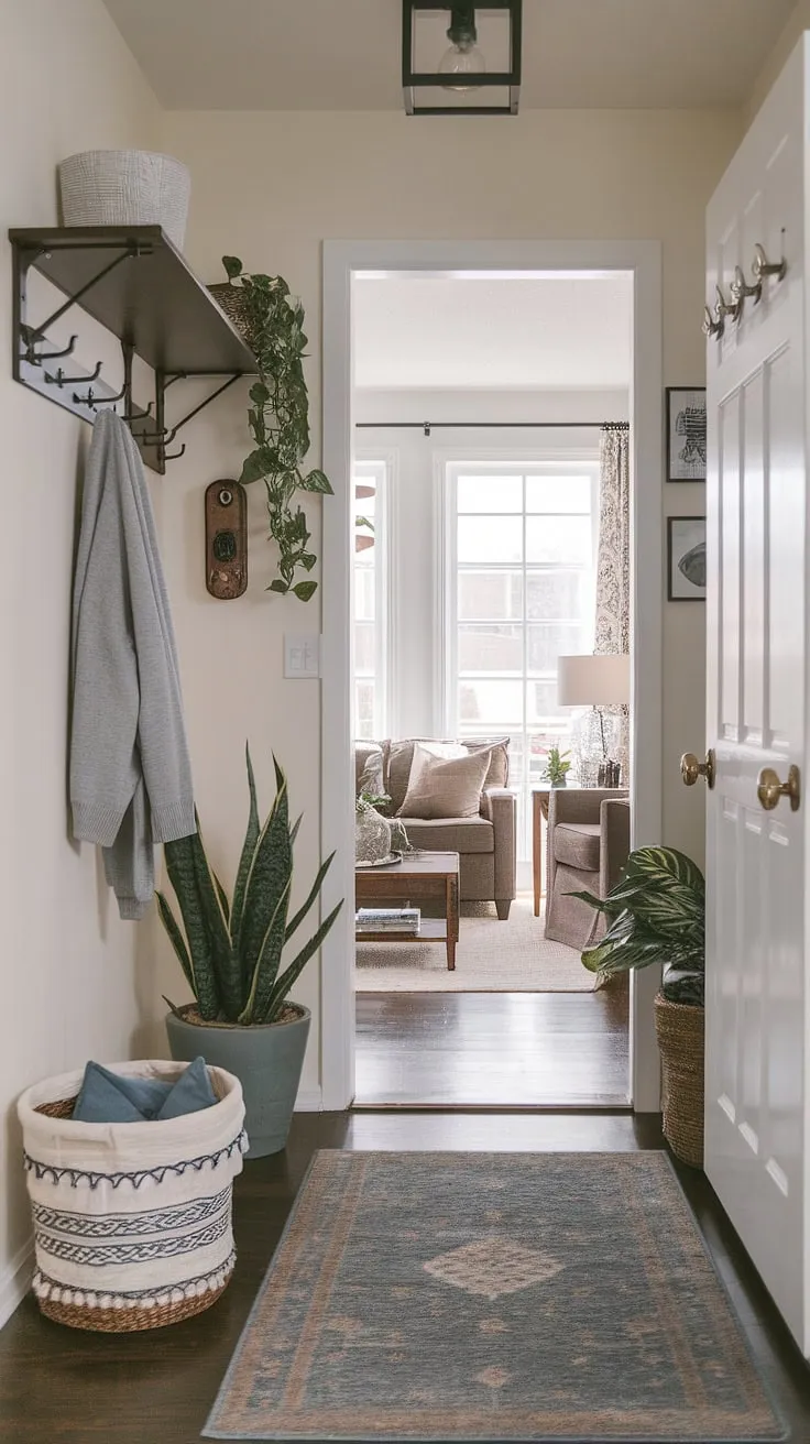 This small entryway proves that big style comes in small packages. See how simple home entrance decor and smart entryway ideas create a seamless flow between hall and living room.