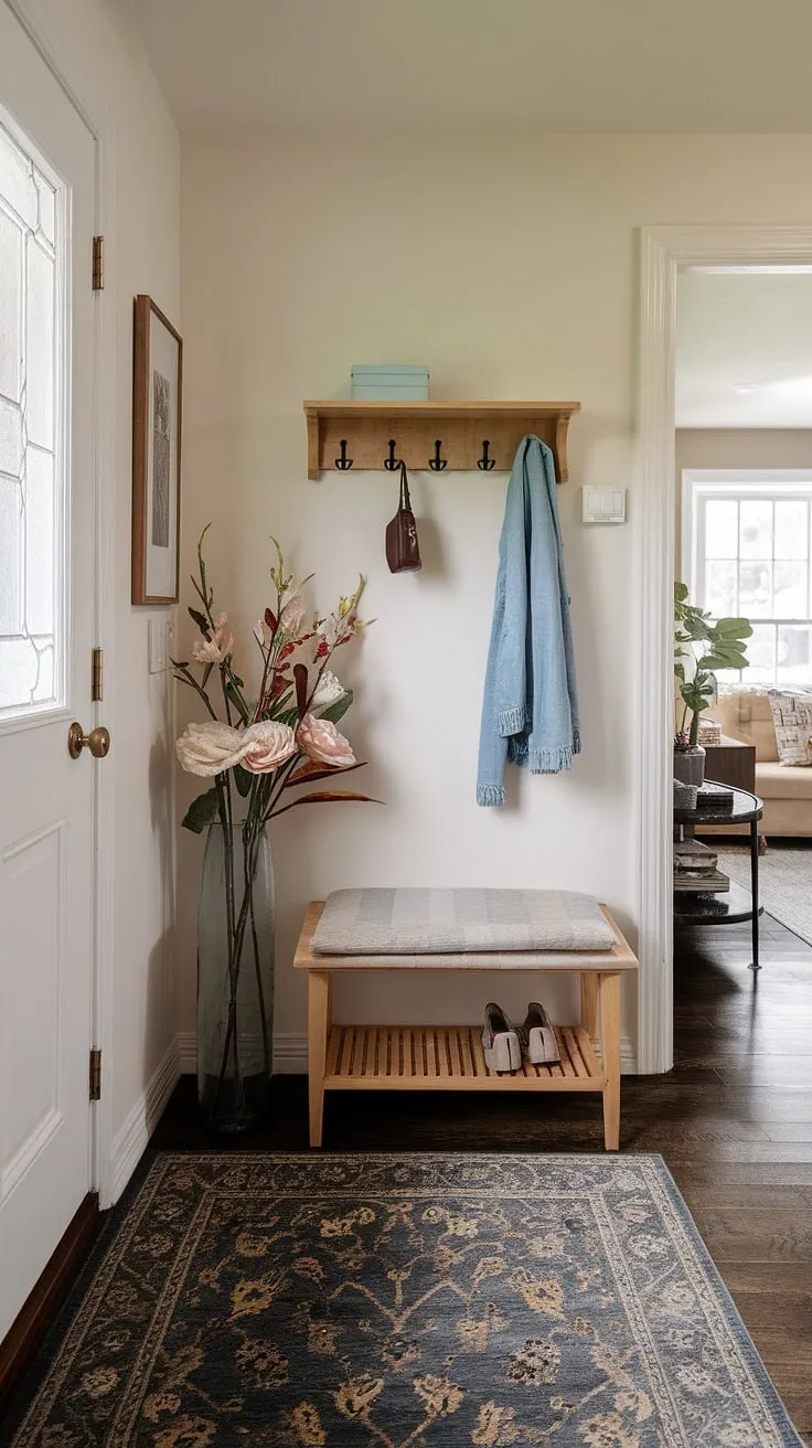 This charming small entryway showcases clever entryway ideas for maximizing space and style. A cozy bench, a practical coat rack, and a decorative vase create a welcoming front entrance. The patterned rug adds warmth, while the doors leading to the hall and living room ensure easy flow throughout the home. This home entrance decor perfectly balances functionality and aesthetic appeal, proving that even limited square footage can be transformed into a stylish and inviting space.