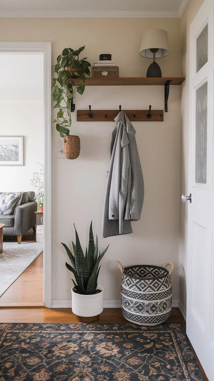 This small entryway is a masterclass in maximizing space and style. Clever entryway ideas are on full display, from the practical coat rack to the decorative touches like the potted plant and woven basket. The shelf and lamp add a layer of warmth, while the patterned rug beautifully connects the hall and living room. A perfect example of home entrance decor that's both functional and aesthetically pleasing.