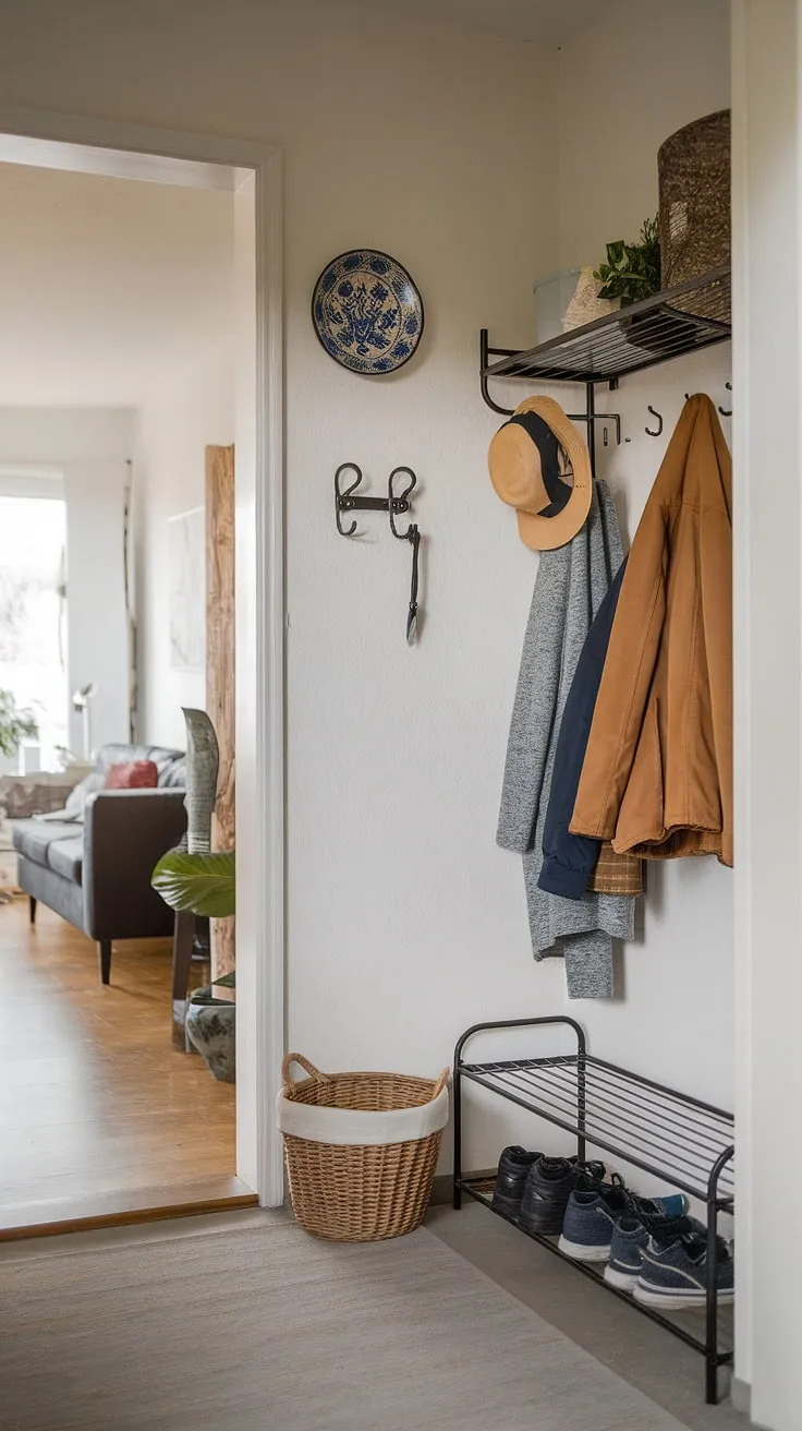 This small entryway maximizes space with thoughtful home entrance decor. A coat rack keeps things tidy, while a decorative plate and hook add personality. The view through to the hall and living room showcases the seamless flow of this design. Perfect entryway ideas for making the most of a compact front entrance.