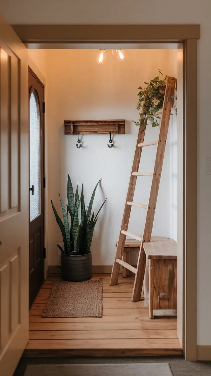 This cozy small entryway boasts rustic home entrance decor, perfect for entryway ideas on a smaller scale. The wooden floor, ladder, and simple shelving create a welcoming front entrance, while the potted plant adds a touch of nature. The design effortlessly flows from the hall and living room.