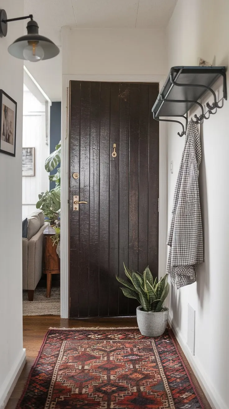 A charming small entryway, brimming with personality. The dark wooden door sets a sophisticated tone, while the patterned rug, wall-mounted coat rack, and potted plant add warmth and practicality. Clever entryway ideas maximize space, creating a seamless flow between the hall and living room, visible beyond. This home entrance decor is both inviting and functional.