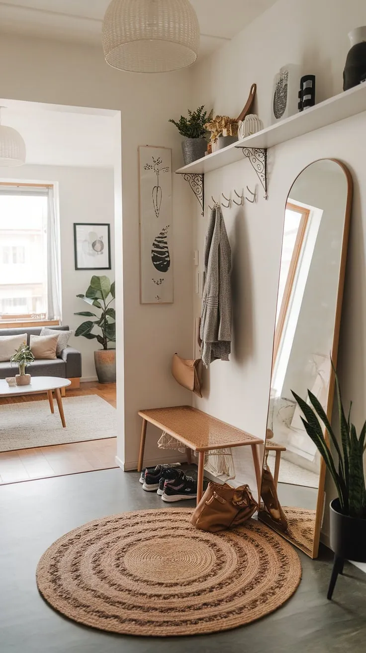 This small entryway maximizes space with clever design. The round rug defines the area, while the mirror and coat rack offer both functionality and style. A peek into the hall and living room reveals a cohesive home aesthetic, showcasing practical entryway ideas for a welcoming front entrance.