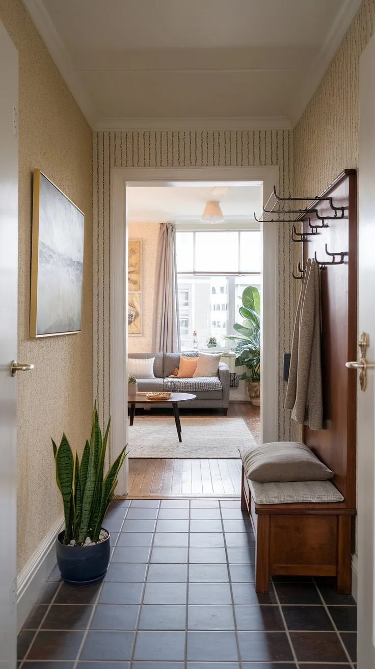 Step into this charming home, where a small entryway, brimming with entryway ideas, seamlessly connects the hall and living room. A wooden bench with a plush cushion offers a welcoming seat, while a coat rack and potted plant add practical and stylish touches to this home entrance decor. The patterned wallpaper and artwork create a warm ambiance, leading the eye towards the cozy living room beyond, with its textured walls, wooden floors, and comfortable seating.