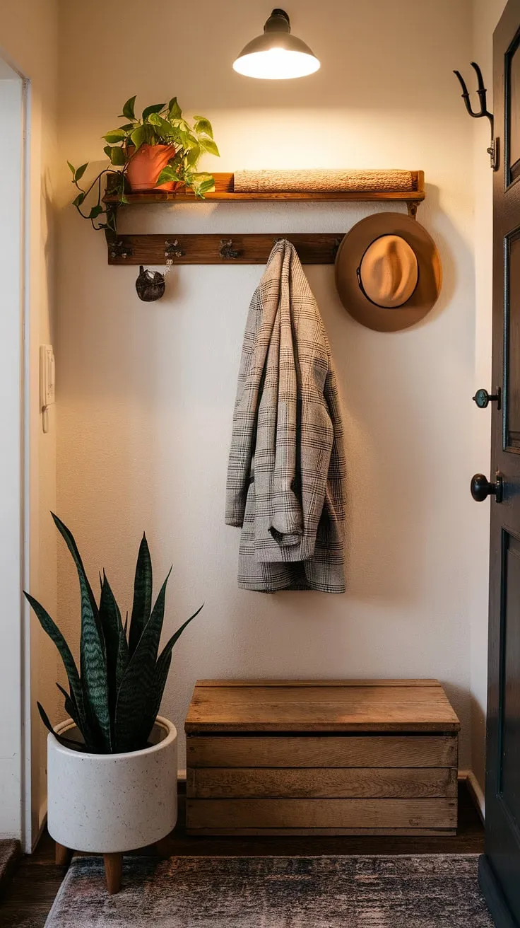 Maximize your small entryway with these clever entryway ideas. This charming front entrance features a wall-mounted rack for coats and hats, a rustic wooden box for storage, and a touch of greenery. The warm lighting and cozy rug create a welcoming atmosphere, effortlessly blending the hall and living room. A perfect example of home entrance decor done right.