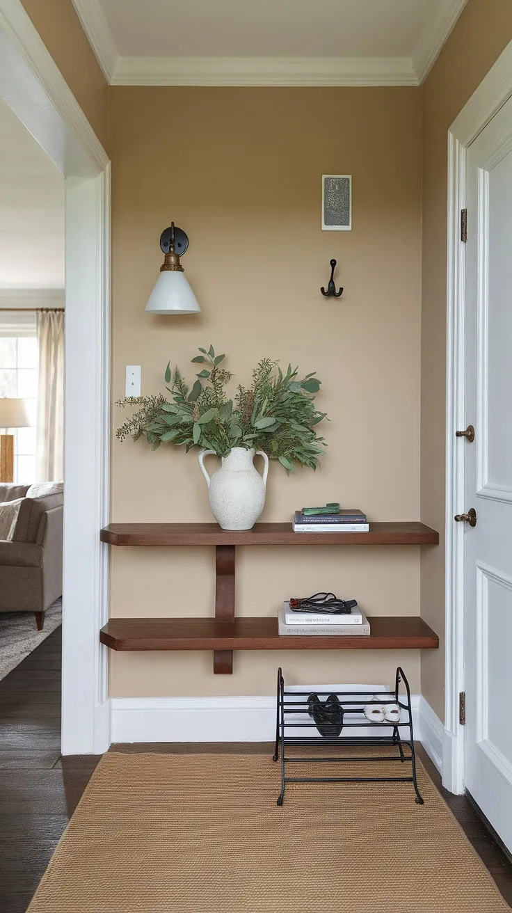 This small entryway proves that big style comes in small packages. Home entrance decor and smart organization create a seamless flow between hall and living room.