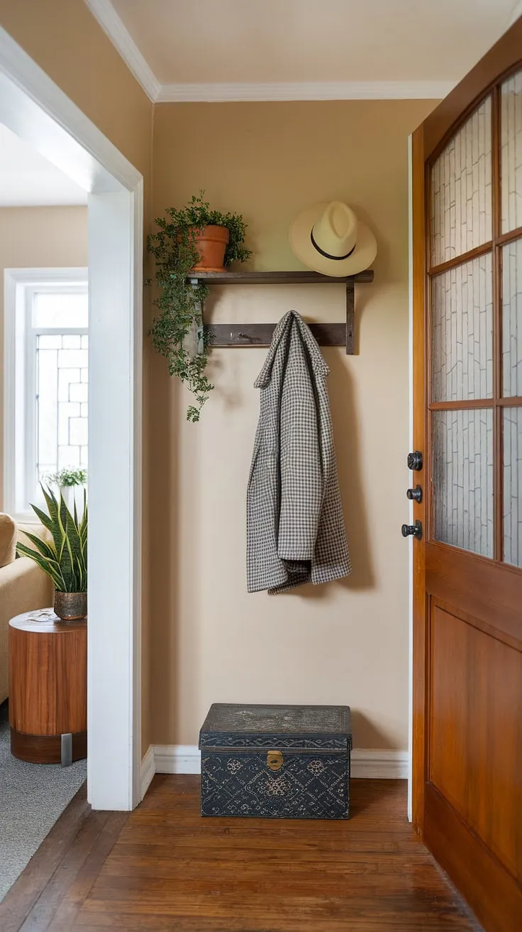 Warm beige walls and rich wood floors create a welcoming atmosphere in this small entryway. The thoughtful placement of a coat rack, shelf, and decorative box showcases smart entryway ideas for maximizing space and style. The glimpse of the hall and living room beyond hints at the cozy interior of this home, making the front entrance a delightful prelude.