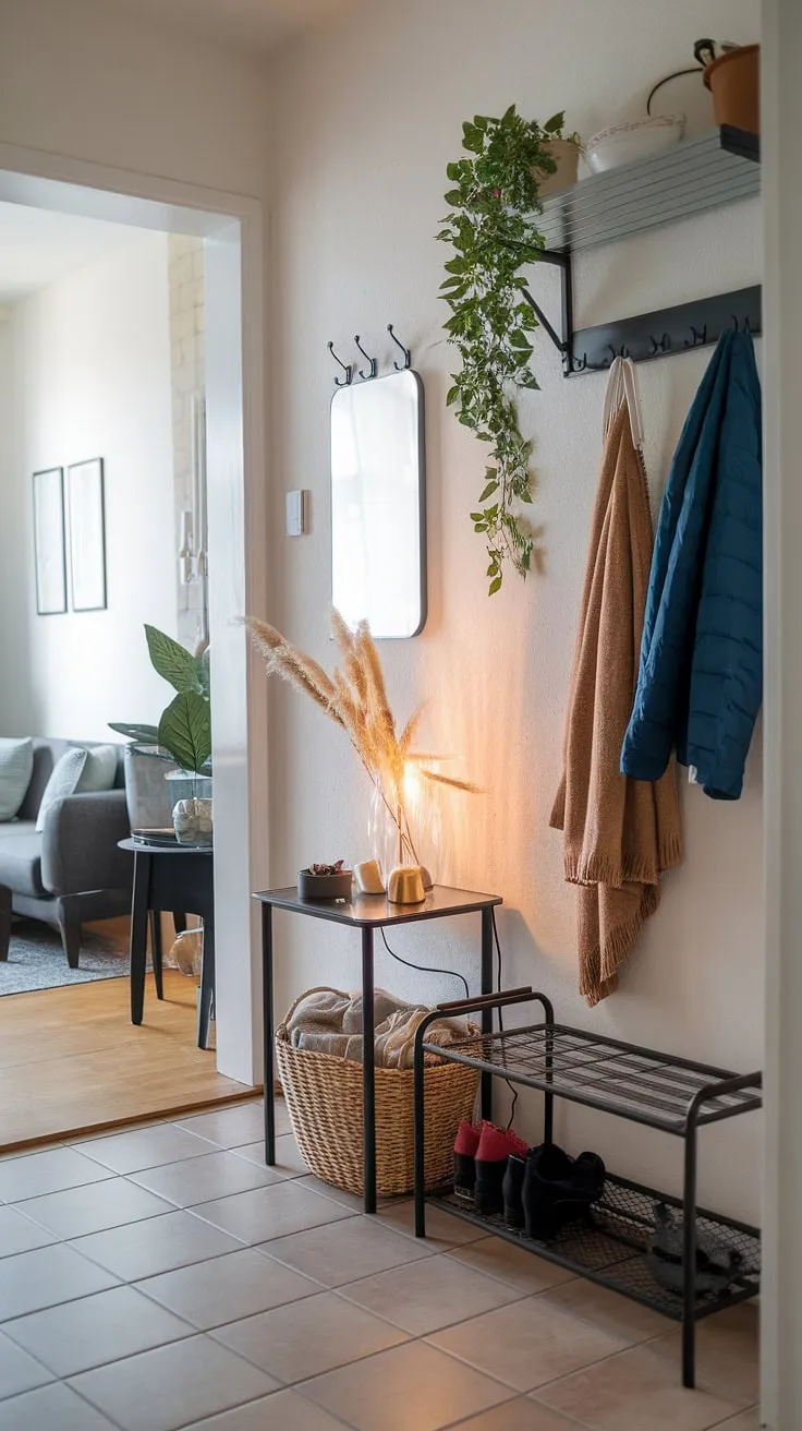 This small entryway proves that big style doesn't need big space. See how simple home entrance decor and smart design create a stunning front entrance connecting hall and living room.