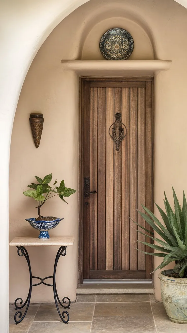 Creating a welcoming front entrance doesn't require a large space. This small entryway demonstrates how thoughtful home entrance decor can transform a narrow hall and living room connection. The beige walls provide a neutral backdrop for the wooden door and simple accents like the potted plant and decorative plate on the shelf above. These entryway ideas prove that even the smallest areas can make a big impact.