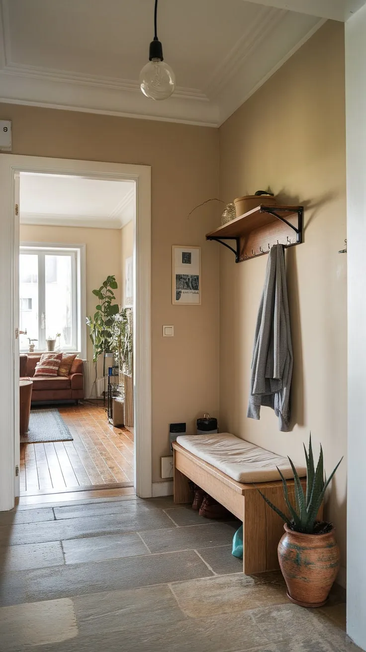 This small entryway seamlessly connects the hall and living room. The beige walls and tiled floor create a neutral backdrop for the rustic wooden bench and practical coat rack. A single hanging light fixture adds a touch of character to this functional front entrance, showcasing clever entryway ideas for even the smallest homes.