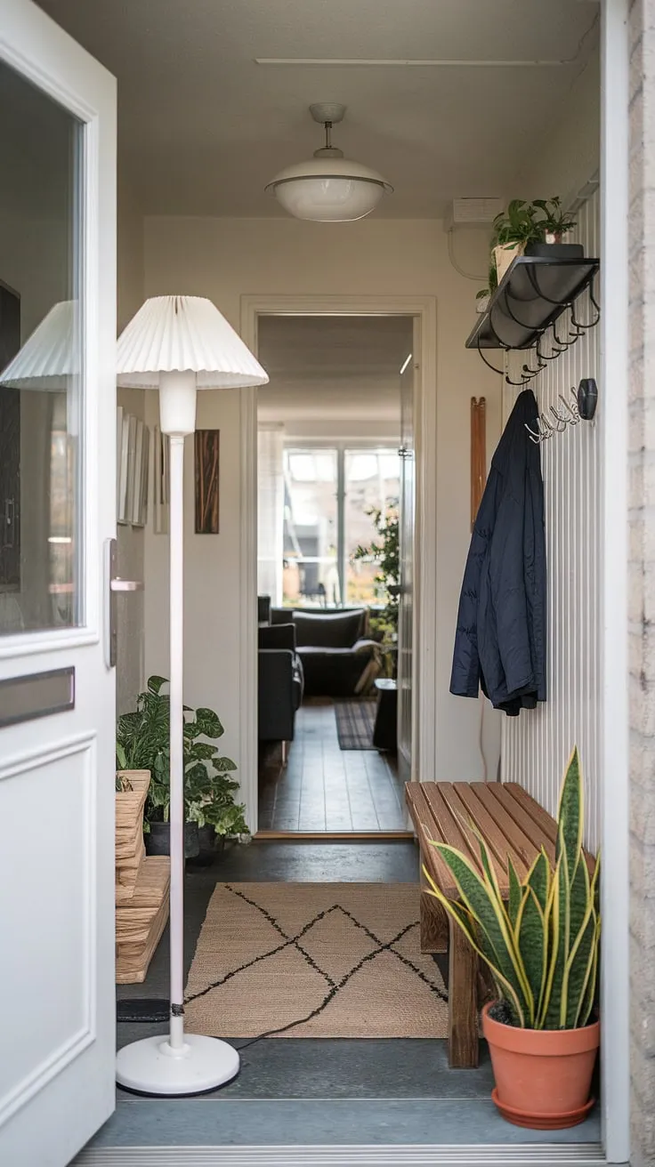 Maximize your small entryway with these entryway ideas. A simple wooden bench, a charming white lamp post, and a potted plant create a welcoming home entrance decor. The strategically placed coat hooks and rug complete the look, leading seamlessly into the hall and living room beyond. This front entrance design proves that even limited space can make a grand statement.