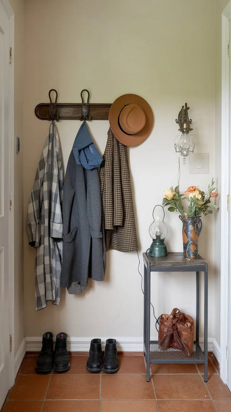 This charming small entryway showcases clever entryway ideas for a welcoming front entrance. The space efficiently uses a coat rack and a small table displaying decorative items, transforming a narrow hall into a stylish and functional living room prelude.