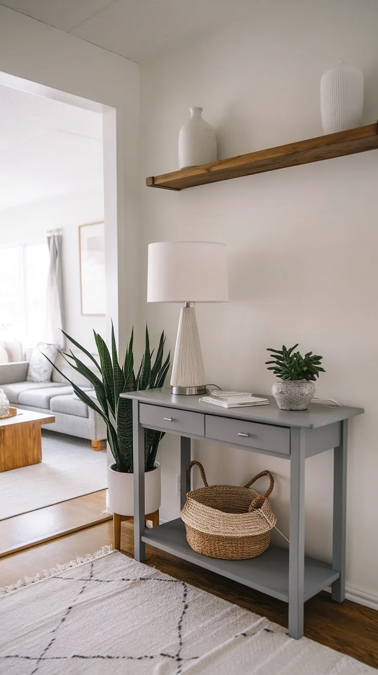 Maximize space and style in this small entryway. Clever entryway ideas seamlessly connect the hall and living room, creating a welcoming home entrance decor.