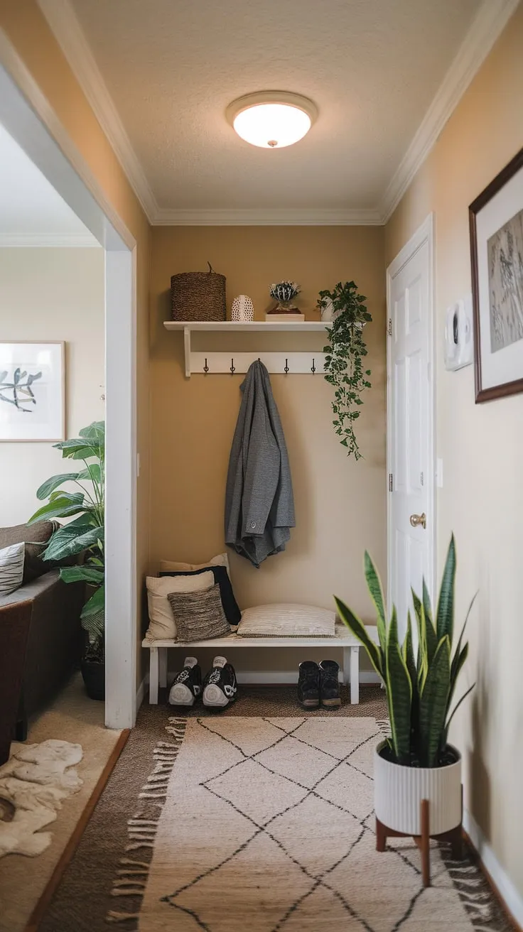 This small entryway maximizes space and style with thoughtful home entrance decor. A simple coat rack, vibrant plant, and carefully chosen accessories create a welcoming front entrance that seamlessly flows into the hall and living room, offering plenty of entryway ideas for even the smallest spaces.