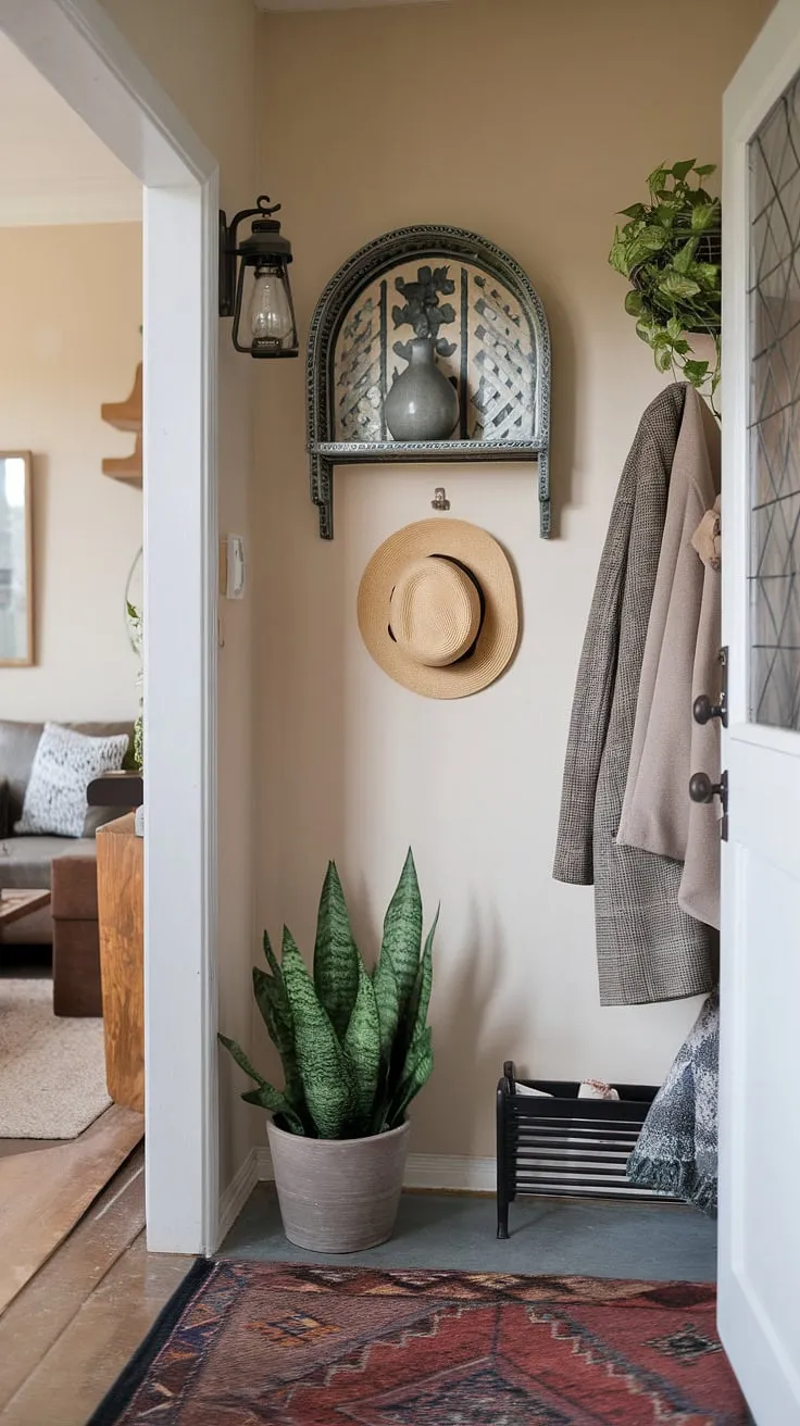 This small entryway proves that big style doesn't require big space. Clever entryway ideas, like a strategically placed coat rack, a charming potted plant, and a decorative shelf, transform this front entrance into a welcoming and organized area. The view beyond hints at the hall and living room, showcasing a cohesive home design.