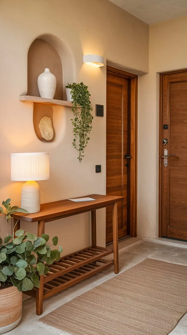 Warmth welcomes you in this charming small entryway. Entryway ideas abound in this space, seamlessly connecting the hall and living room with thoughtful home entrance decor.