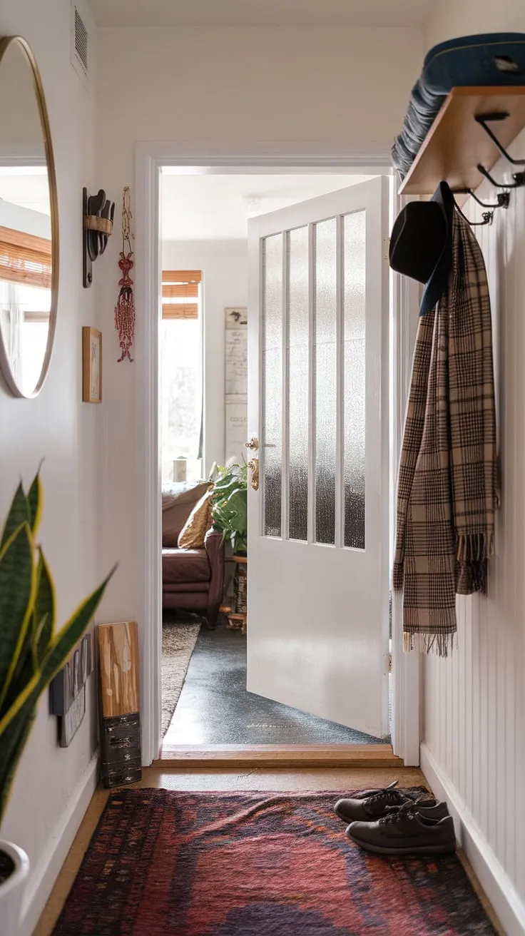 Maximize your small entryway with these entryway ideas. A well-placed coat rack, a stylish rug, and a few carefully chosen decorations transform this front entrance into a welcoming space. The glimpse of the living room and plant beyond showcases the flow between the hall and living room.