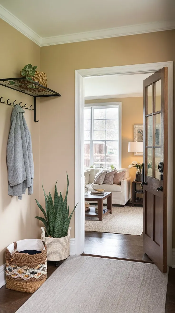 Maximize your small entryway with these entryway ideas. This home entrance decor features a practical coat rack, a touch of greenery, and a stylish basket, all within a softly lit space. The open design effortlessly blends the hall and living room, creating a sense of spaciousness and warmth.