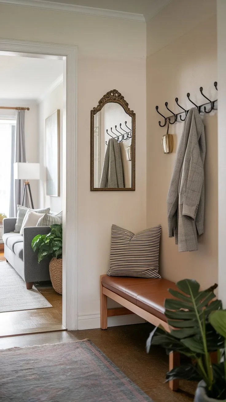 A small entryway doesn't mean sacrificing style. This front entrance, connecting hall and living room, proves that even limited space can be a design statement with the right home entrance decor.