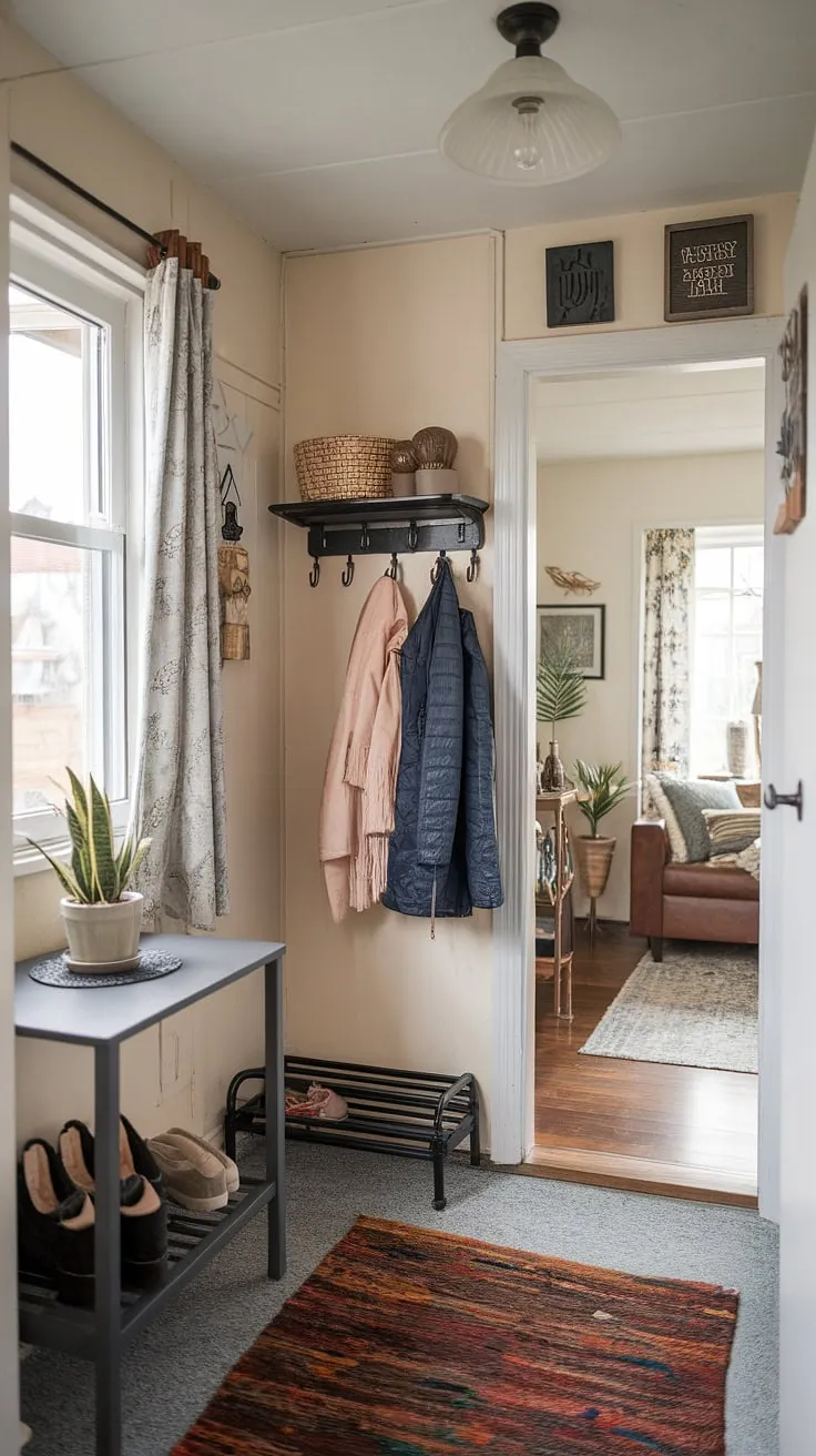 Maximize your front entrance with these inspiring entryway ideas. This small entryway design proves that even limited space can be transformed into a functional and aesthetically pleasing area. The combination of a coat rack, plant, and hooks provides ample storage, while the rug and window treatment add warmth and charm. The transition between the hall and living room is effortlessly smooth, creating a cohesive home entrance decor.
