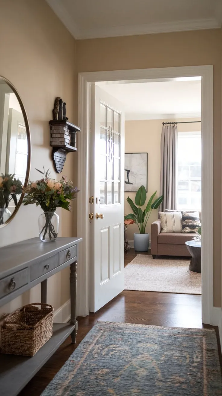 Maximize your home's first impression with these entryway ideas. This small entryway seamlessly connects the front entrance to the hall and living room, creating a warm and inviting atmosphere. Notice how a simple console table, mirror, and shelf contribute to the overall home entrance decor.