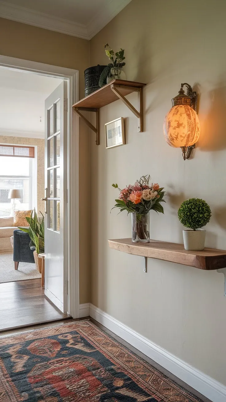 Warmth and welcome define this small entryway, where a thoughtfully curated collection of home entrance decor—a wooden shelf displaying a decorative lamp, vibrant flowers, and a potted plant—sets the tone for the hall and living room beyond. The patterned rug adds a touch of personality to this charming space, offering inspiration for your own entryway ideas.