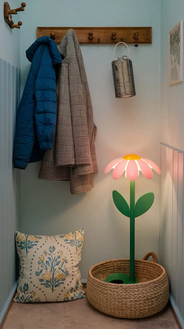 This small entryway boasts big style! Home entrance decor is thoughtfully curated, with a coat rack, a whimsical floral lamp, and a woven basket creating a welcoming front entrance. The light blue walls and a patterned pillow add a touch of personality to this hall and living room transition. Get inspired by these entryway ideas for your own space.