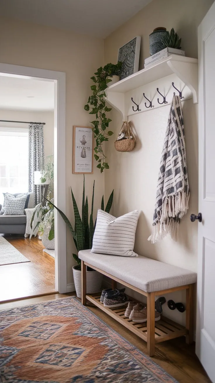 Maximize your small entryway's potential with these entryway ideas. A stylish home entrance decor setup, seamlessly connecting your hall and living room.