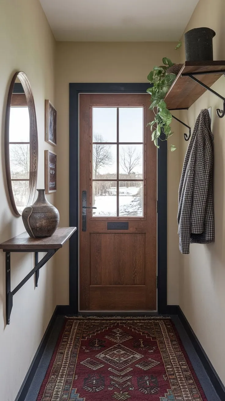 This small entryway, perfectly styled with home entrance decor, maximizes space and charm. A simple wooden shelf with a vase and plant adds personality, while the dark wooden door and beige walls create a warm and inviting front entrance. The rug defines the space, and the coat hook provides practical functionality, making this a seamless transition between the hall and living room. Great entryway ideas for even the smallest homes.