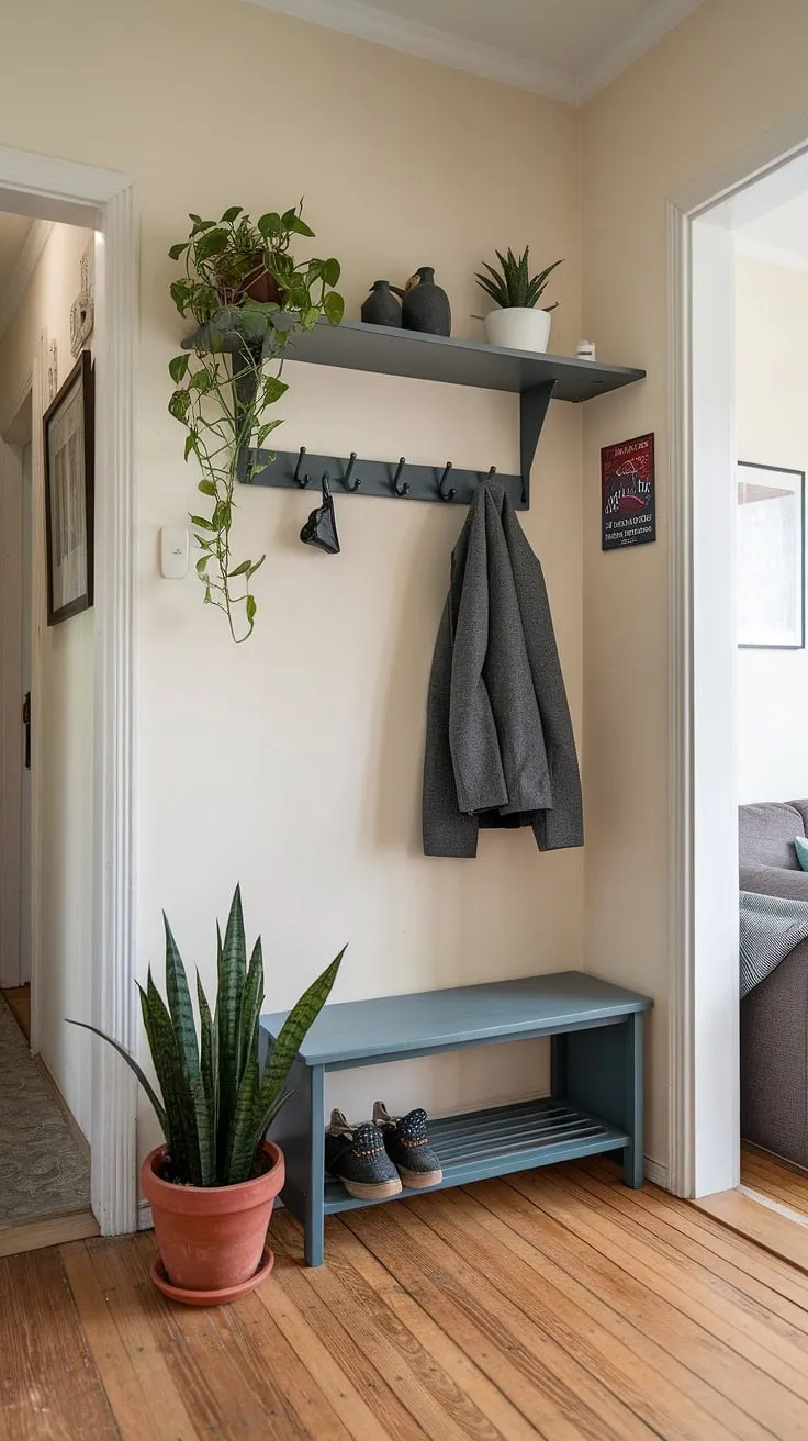 A charming and functional front entrance, this small entryway design proves that even limited space can be stylish and organized. The combination of a coat rack, bench, and greenery creates a warm and inviting atmosphere, effortlessly bridging the hall and living room. Get inspired by these entryway ideas for your own home.