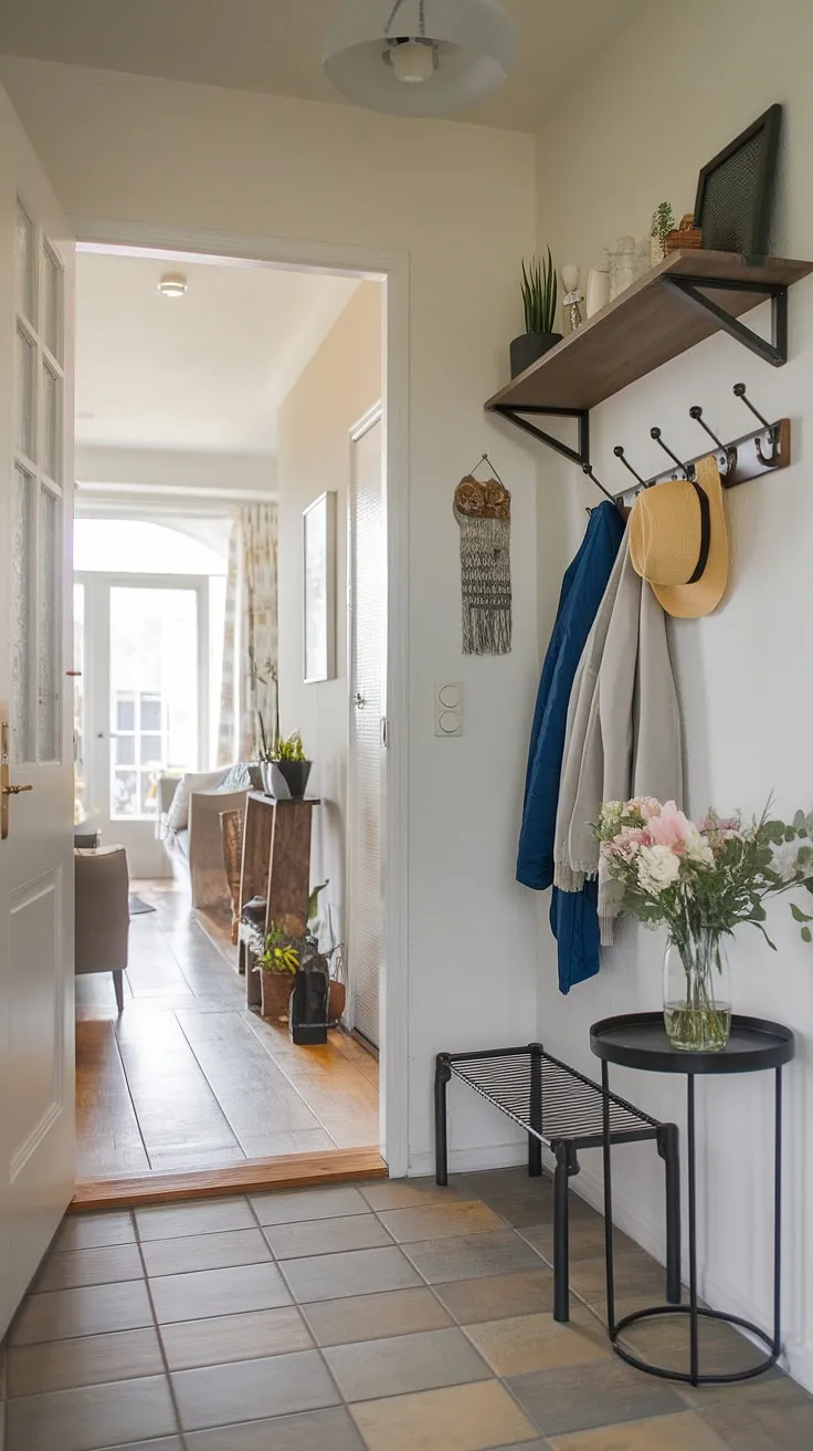 This charming small entryway showcases clever home entrance decor. A coat rack, a vase of flowers, and a decorative shelf create a welcoming front entrance, maximizing space in this compact area. The design flows effortlessly into the hall and living room, making a stylish statement despite its size. These entryway ideas are perfect for small spaces.