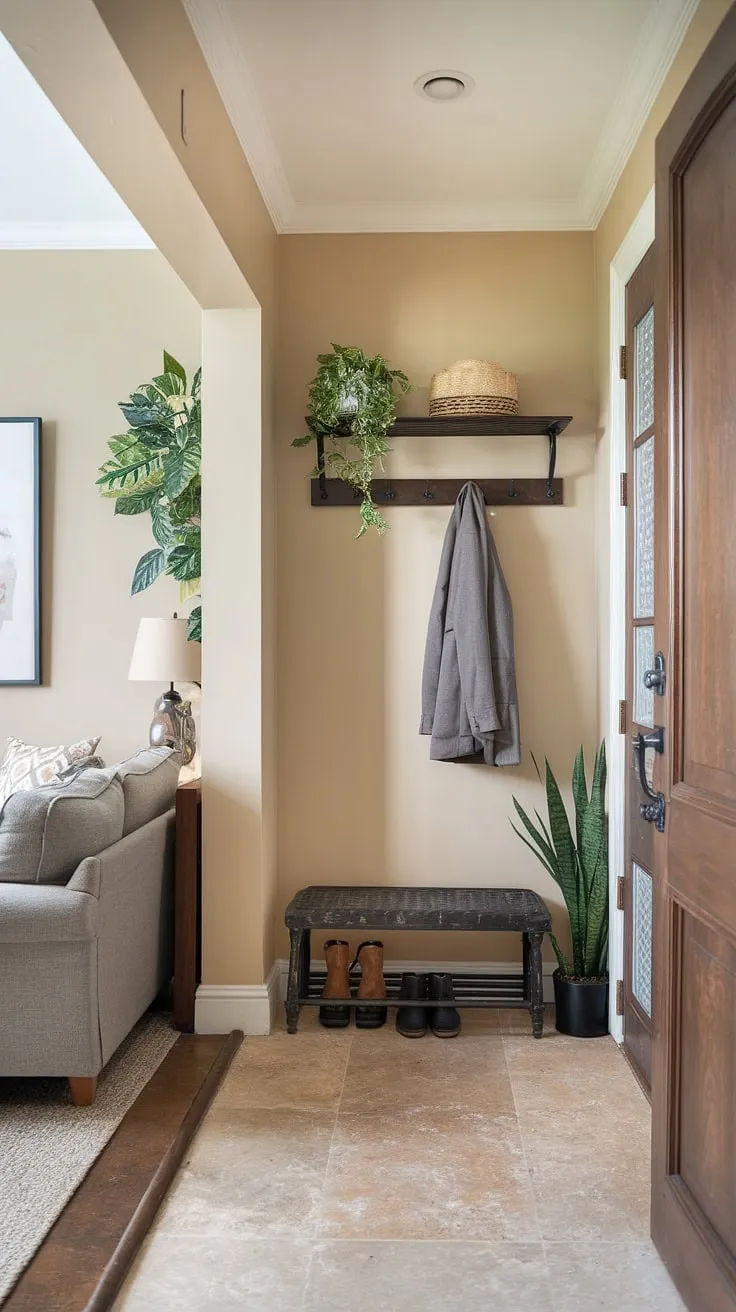 This small entryway maximizes space with a practical coat rack, hooks, and a comfy bench, creating a welcoming home entrance decor. The beige walls and tiled floor complement the hall and living room beyond, seamlessly connecting the spaces. Clever entryway ideas for a stylish and functional front entrance.