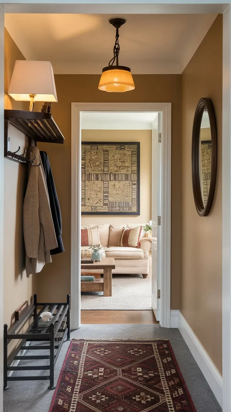 This small entryway proves that big impact comes in small packages. See how simple home entrance decor and thoughtful entryway ideas transform this front entrance into a welcoming transition to the hall and living room.