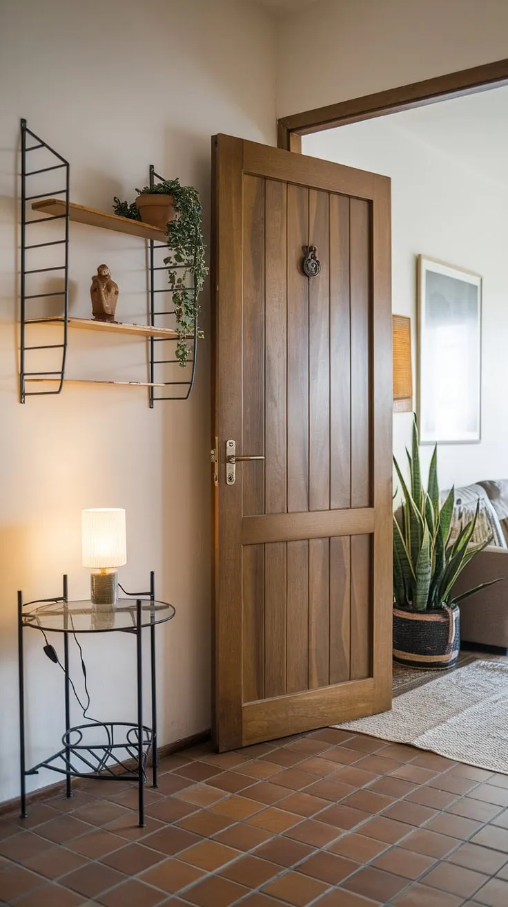 Maximize space and style in your home with these entryway ideas. This small entryway's design cleverly uses a wall-mounted shelf and a small table to create a functional and inviting front entrance. The view into the living room, complete with comfortable seating and greenery, extends the feeling of spaciousness. The tiled floor and wooden door add warmth to this hall and living room connection.