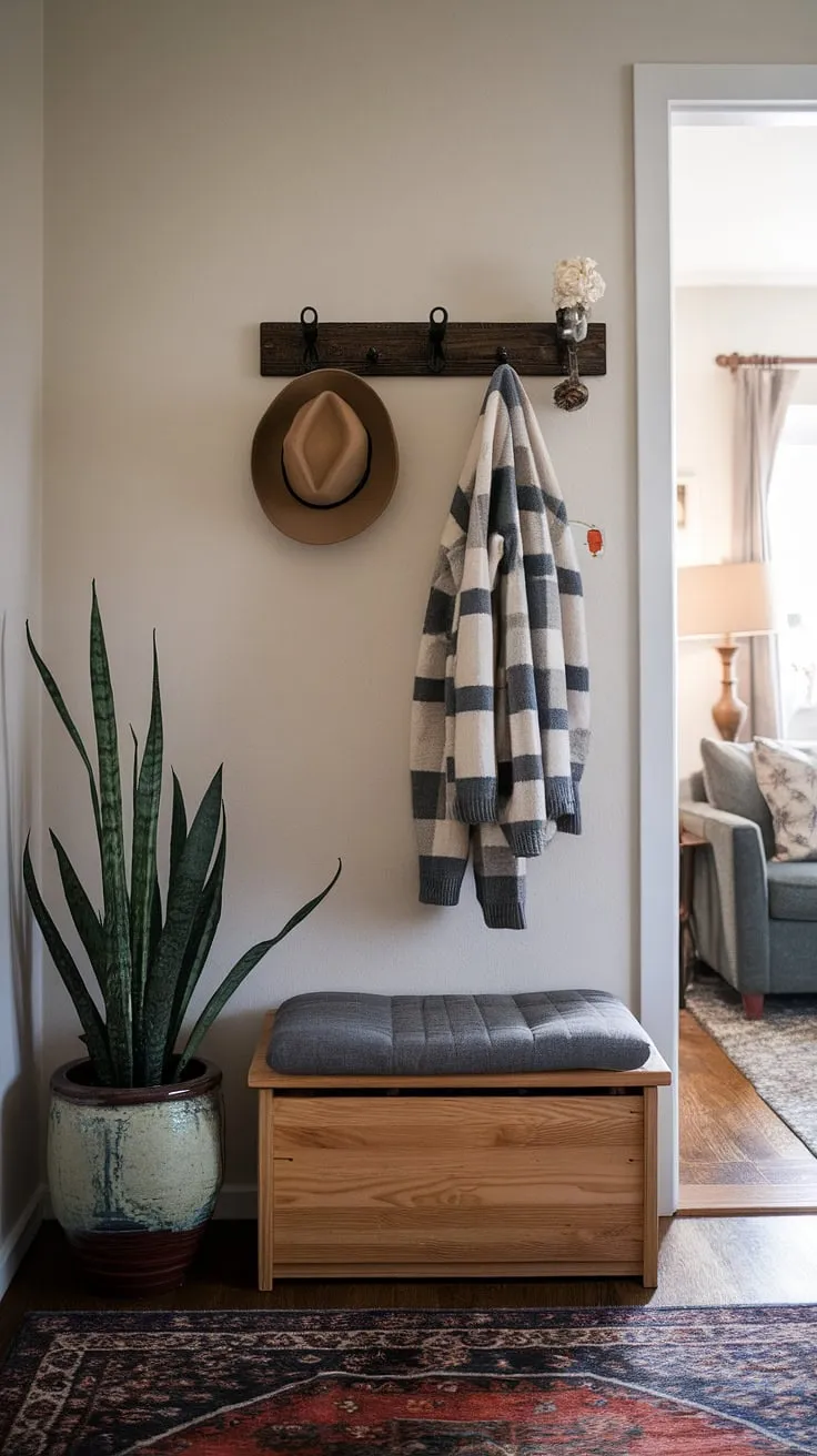 Maximize space and style in this small entryway. Clever home entrance decor and smart entryway ideas transform this hall and living room connection into a welcoming front entrance.