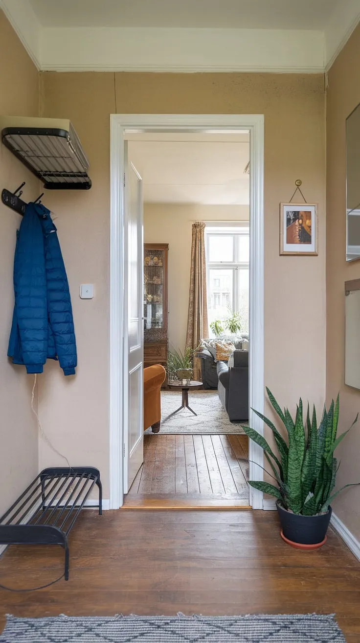 Warm beige walls and wood floors create a cozy atmosphere in this small entryway, seamlessly connecting the front entrance to the hall and living room. The minimal decor showcases practical entryway ideas for a stylish and functional home.