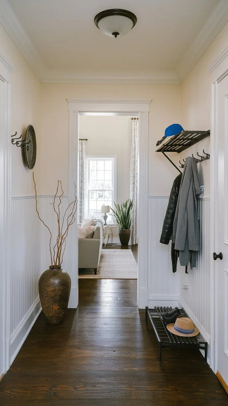 A glimpse into a charming small entryway, showcasing clever entryway ideas. Dark hardwood floors and crisp white walls create a welcoming atmosphere. A coat rack with hats and coats, a tall vase with branches, and a few strategically placed hooks offer both practicality and style. The home entrance decor extends seamlessly into the hall and living room, visible beyond, where a comfortable sofa and leafy plant add warmth.
