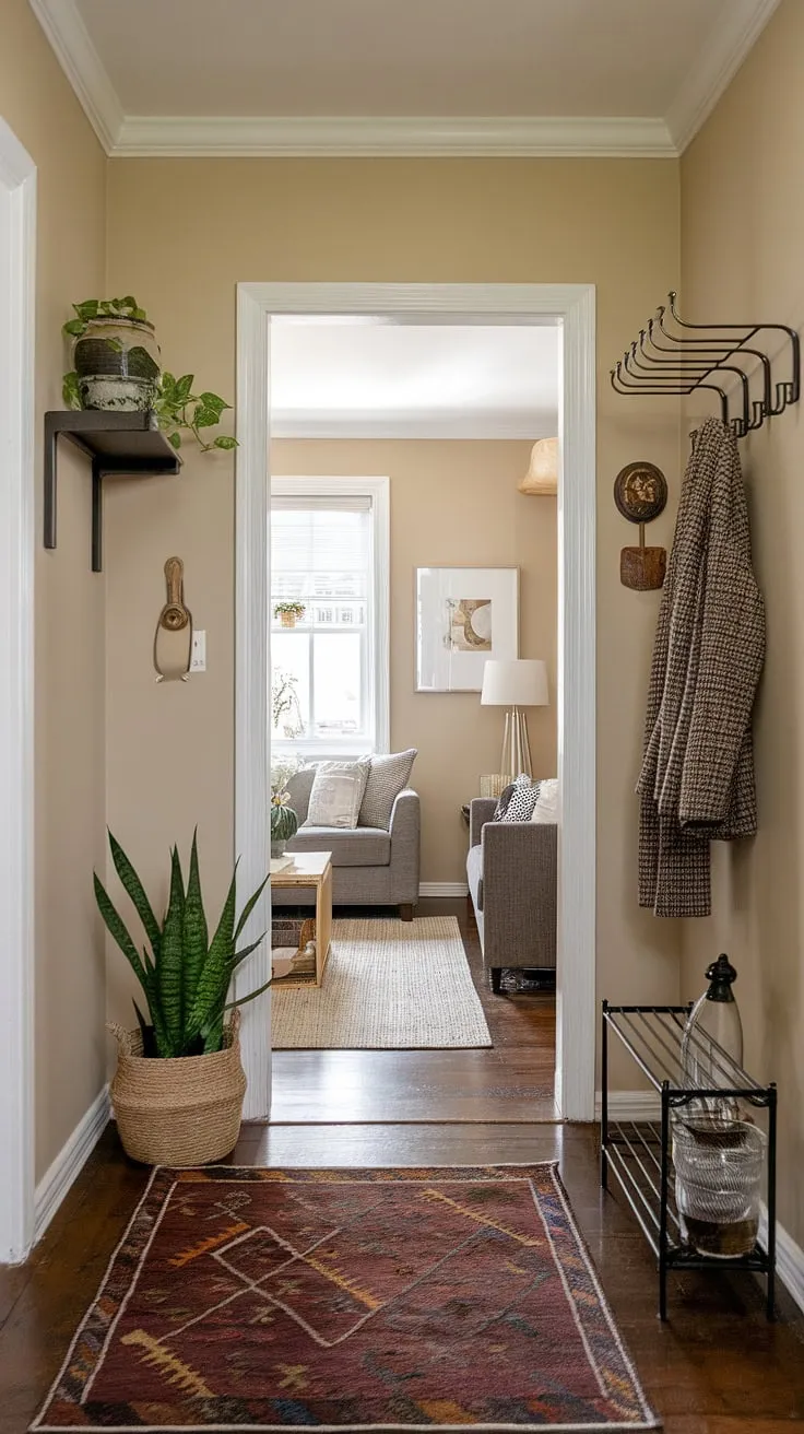 Maximize space and style in this small entryway. Clever entryway ideas transform this home entrance into a welcoming transition between the hall and living room.