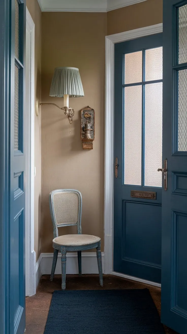 Step into charm: This small entryway, with its vintage chair and moody blue tones, offers a wealth of entryway ideas for maximizing a small space. The perfect transition between hall and living room.