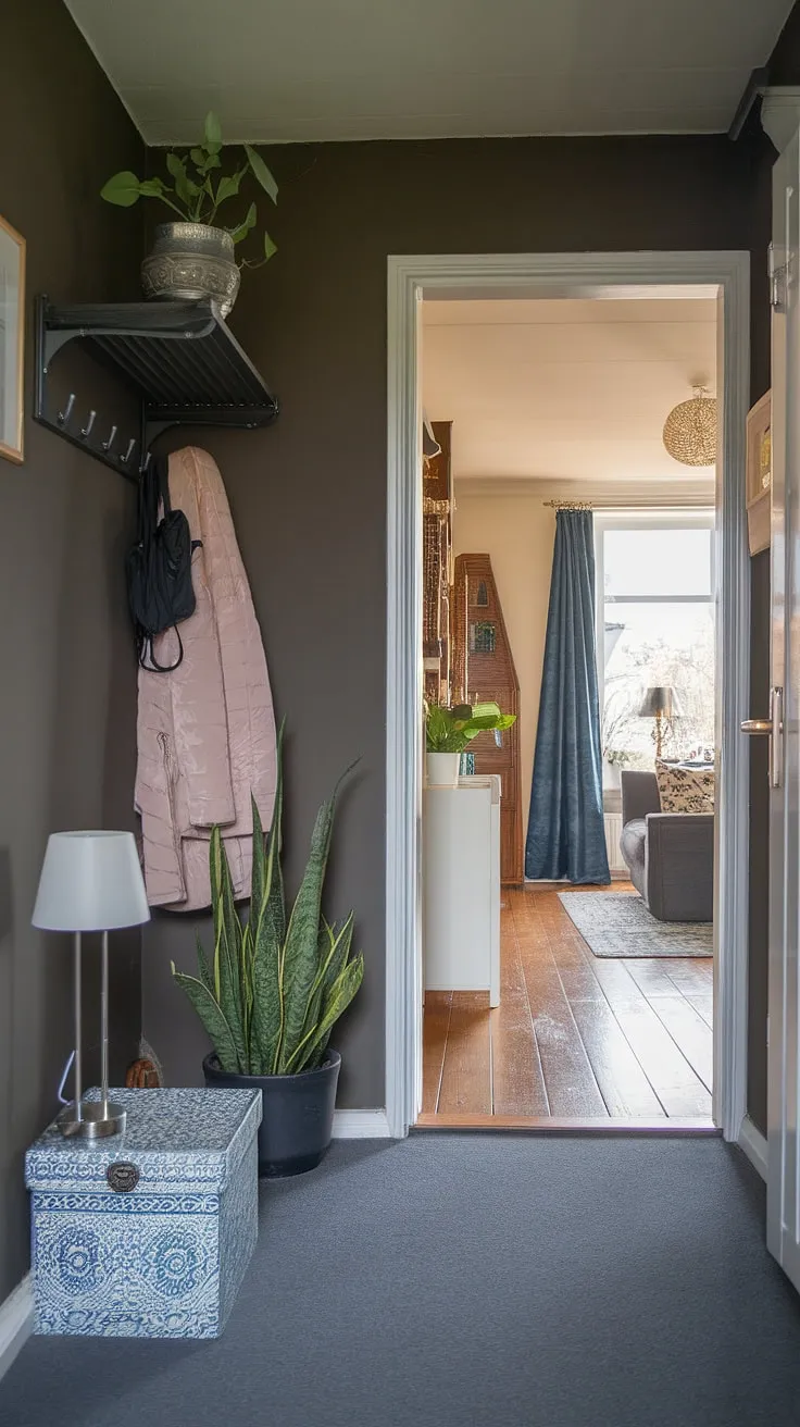 A chic and functional small entryway, showcasing clever entryway ideas. The dark gray walls create a sophisticated backdrop for the coat rack, potted plant, and decorative box, making a stylish statement at the home entrance. The hall and living room beyond hint at the inviting space within.