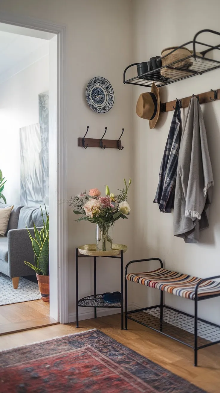 This charming small entryway showcases clever entryway ideas perfect for a home's front entrance. Notice how the coat rack, wall hooks, and decorative plate work together to keep things organized. The vase of flowers and rug add personality, creating a welcoming transition between the hall and the cozy living room visible in the background.
