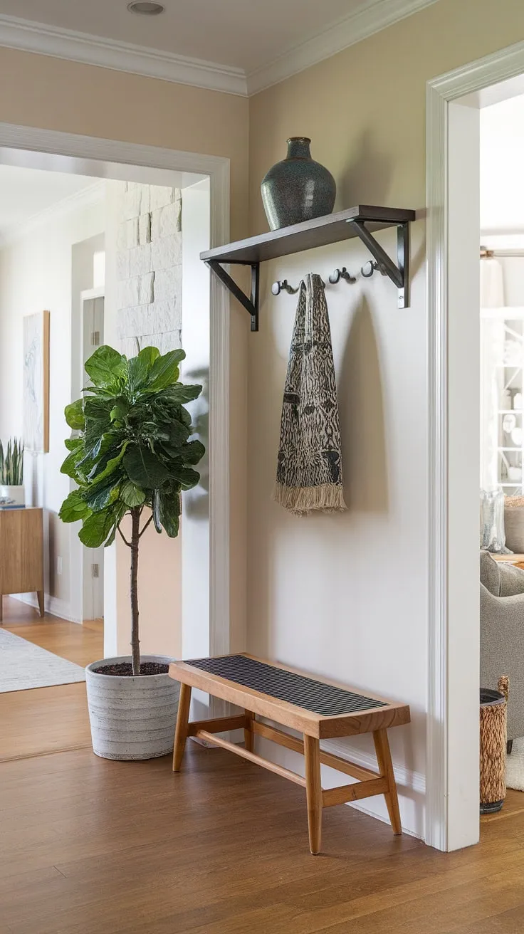 Maximize your small entryway's potential with these simple yet stylish home entrance decor ideas. A wooden bench offers a practical seating spot, while a potted plant and decorative vase on the wall-mounted shelf add a touch of life and elegance. This charming front entrance seamlessly connects the hall and living room, creating a welcoming atmosphere.