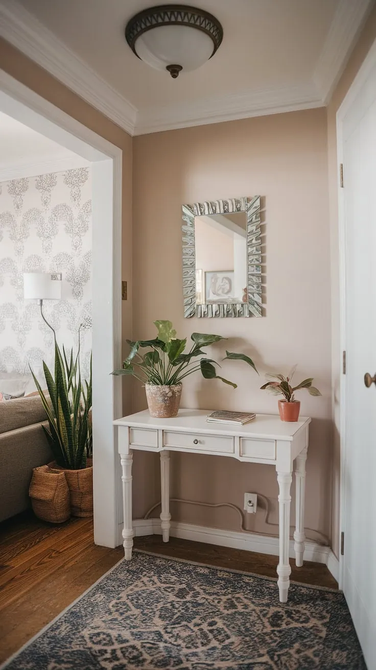 This charming small entryway seamlessly connects the front entrance to the hall and living room. Home entrance decor is effortlessly chic with a simple white desk, a touch of greenery, and a statement mirror. The patterned rug defines the space, creating a welcoming atmosphere. Get inspired by these entryway ideas for your own home.