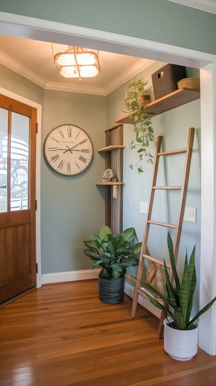 Maximize your small entryway's potential with clever entryway ideas. This charming home entrance decor showcases how a little creativity can turn a narrow hall and living room transition into a stylish focal point.