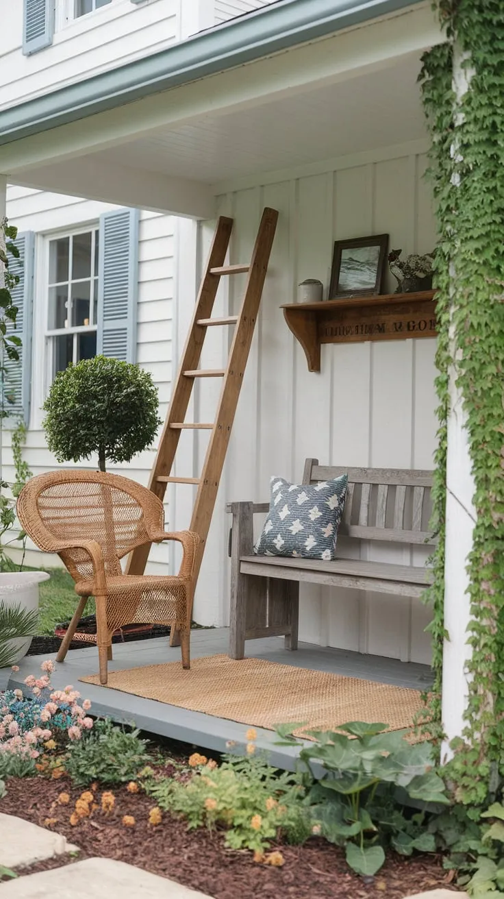 Charming Small Porch with Rustic Seating and Lush Greenery