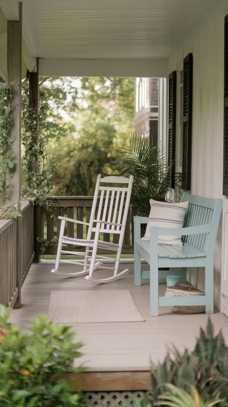 Serene Farmhouse Porch Retreat with Rocking Chair and Bench