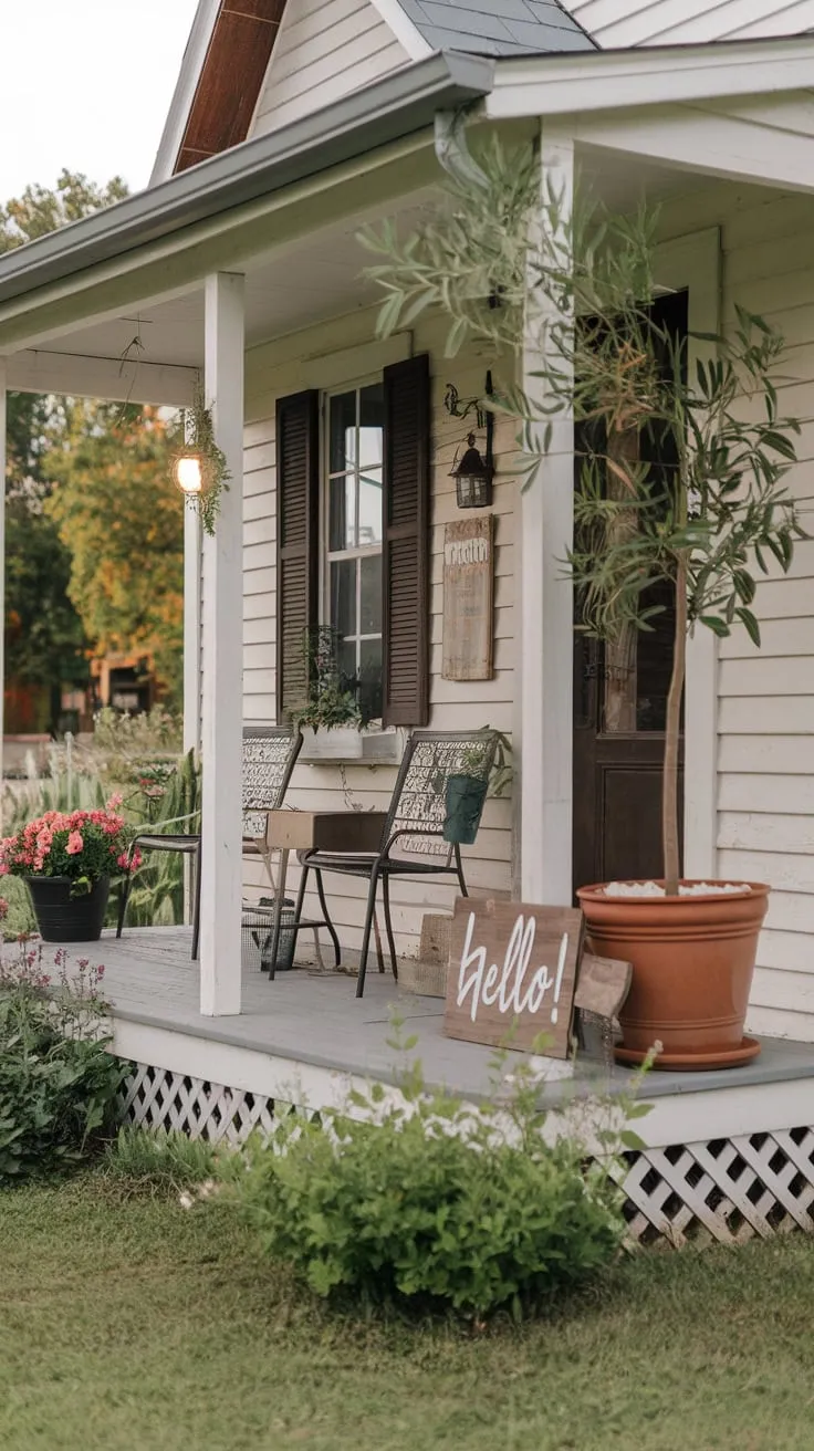 Welcoming Farmhouse Porch with Rustic Decor and Vibrant Plants